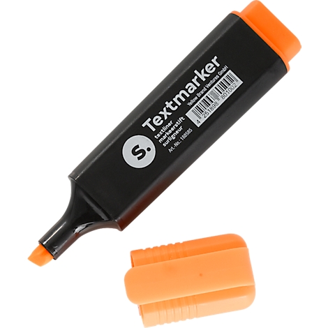 Surligneur noir avec embout et capuchon orange. Inscription : Textmarker.