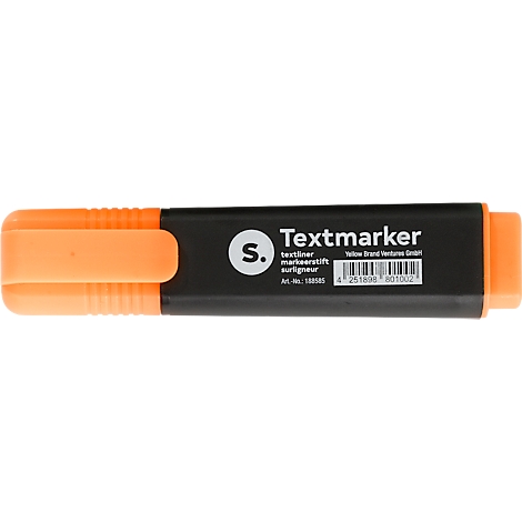 Un surligneur orange avec un boîtier noir. Inscription : Textmarker et logos.