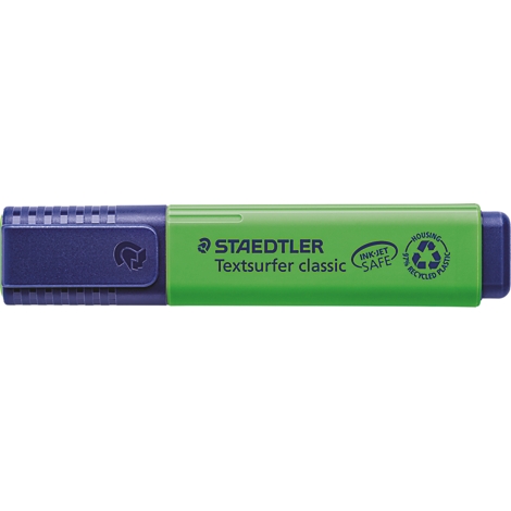 Un surligneur vert de Staedtler avec un capuchon bleu. Inscription : Textsurfer classic.