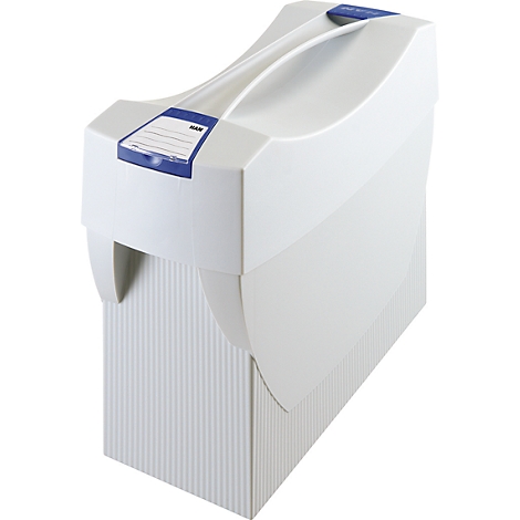 A white file cabinet with a blue handle and blue label. The cabinet has a ribbed front and a curved lid.