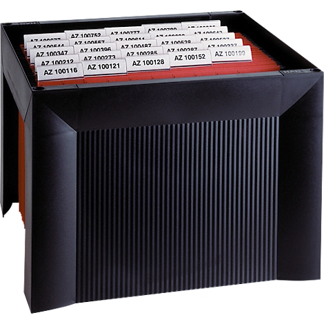 Black card file box with filed index cards. Numbers are on the index cards.