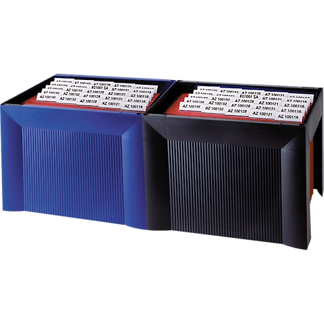 Two card file boxes, blue and black, side by side. White lettering on the red index cards.