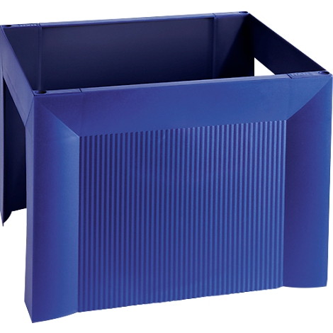 Blue, cuboid storage basket with vertical grooves. The shape is open at the top.