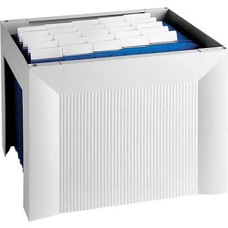 White, rectangular hanging file folder with blue interior and white index cards.