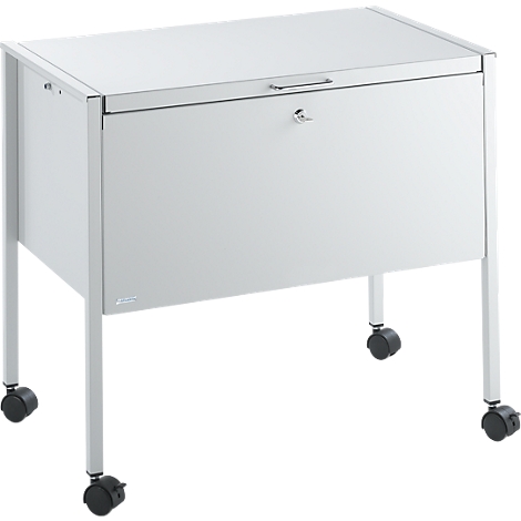 White filing cabinet with rollers. It has a handle and a lock.