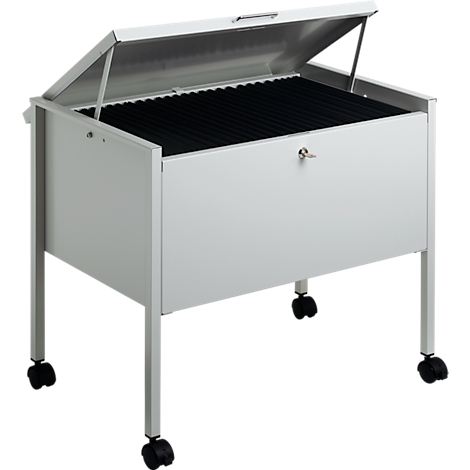 Grey filing cabinet with open lid, castors, key and black interior.