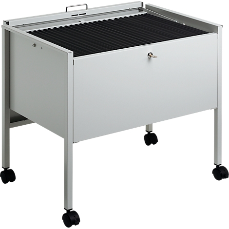 A grey filing cabinet on wheels. At the top is a handle and a black shelf. On the front a keyhole.