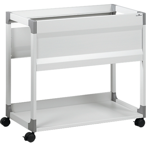 White rolling cart with two shelves and corner connectors, four wheels.