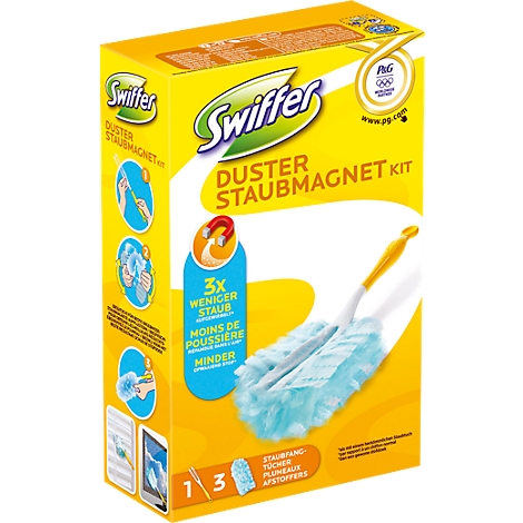 Gelbe Swiffer Duster Staubmagnet Kit-Verpackung mit Reinigungsbürste. Produktabbildung mit blauer und gelber Farbgebung.