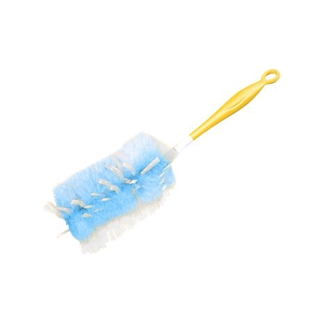 Brosse à biberon bleue et blanche avec manche jaune et boucle de suspension.