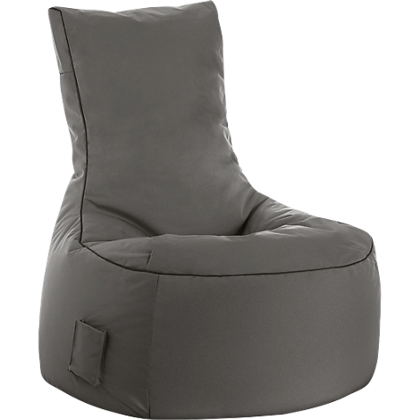 A gray beanbag chair. It is oblong and has a high backrest with a small pocket on the side.