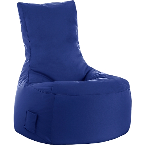 Blue beanbag chair with a high back and a small pocket on the side.