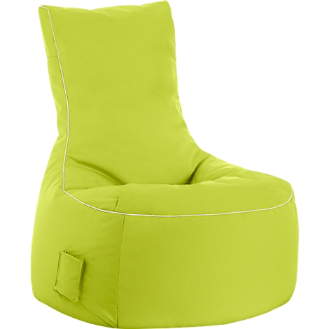 Bright green beanbag chair with white outline. A small, rectangular fabric insert is on the side.