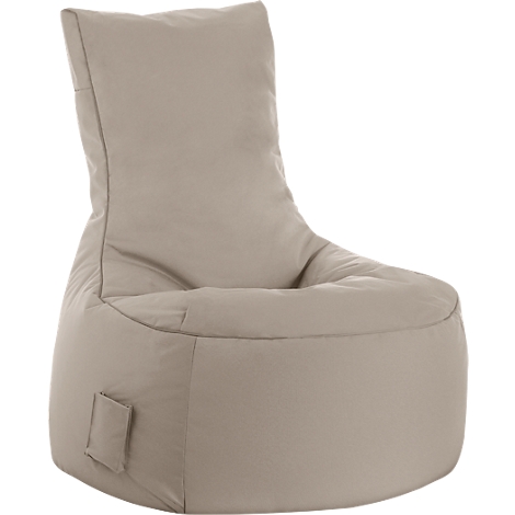 Beige bean bag. High back, small pocket on the side.