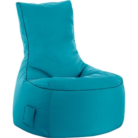 Turquoise beanbag chair. The high back flows into the seat. A small side pocket and a black seam are visible.