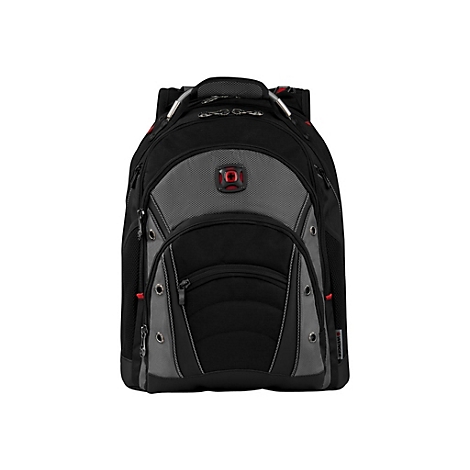 Schwarzer Rucksack mit grauen Akzenten, rotem Logo und ReiÃŸverschlÃ¼ssen.