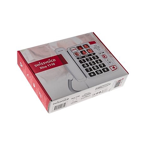 Ein weiÃŸes Telefon mit groÃŸen Tasten, verpackt in einem Karton. Auf dem Karton steht swissvoice Xtra 1110.