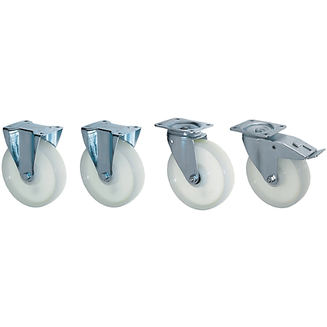 Four casters in a row, made of metal and translucent plastic. Each caster has a bracket. On the right side is a caster with a brake.