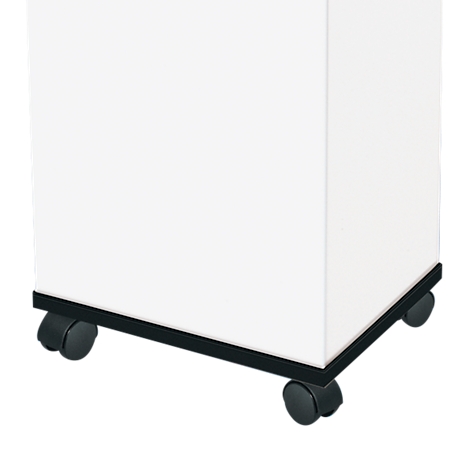 A white cabinet on four black wheels. The image shows a section of the corner.