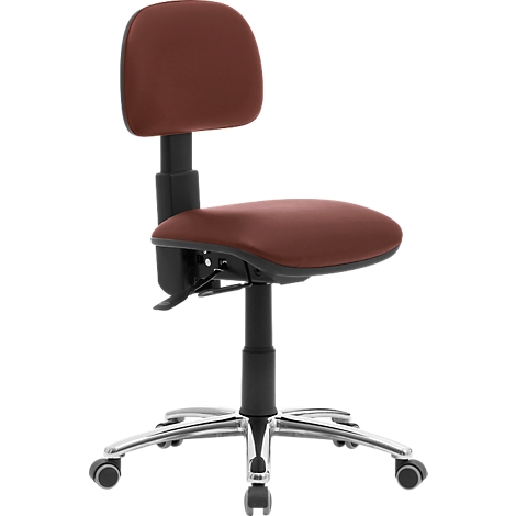 Office chair with brown seat and backrest. Black frame and silver base with castors.