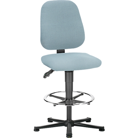 Light blue office chair with backrest, seat and footrest, in front of white background.