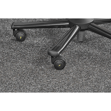 Detail shot of the castors of an office chair. Yellow lightning bolts are depicted on the black plastic.