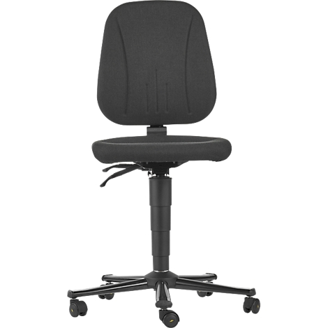 Black office chair, backrest, seat and swivel base with wheels.