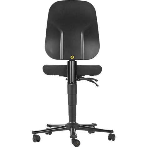 Black office chair, back view. With backrest, armrest, castors. Yellow ESD symbol.
