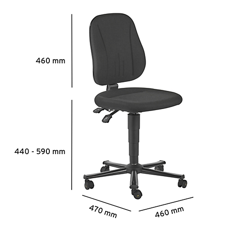 Black office chair with height information: 460 mm, 440-590 mm and dimensions: 470 mm x 460 mm.