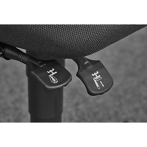 Close-up of two black levers on an office chair, with white symbols. The chair is made of fabric, in grayscale.