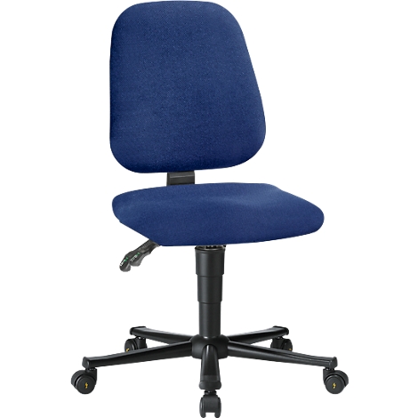 Blue office chair. Upholstery and backrest. Black frame, height adjustable, with wheels.