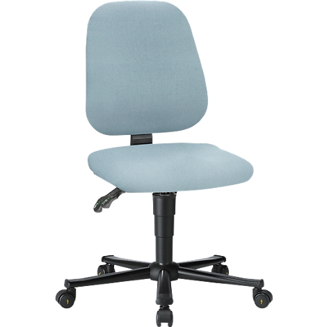Light blue office chair with black frame and wheels. Backrest and seat padded.