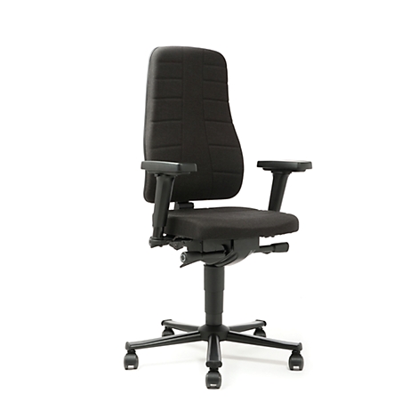 Black office chair against white backdrop. High backrest, armrests, wheels.