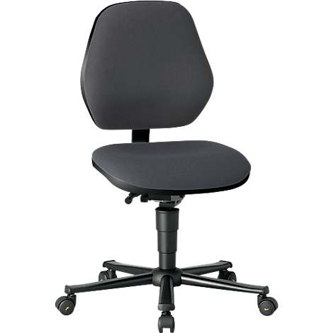 Black office chair against white background. The chair has a fabric-covered backrest, a seat and a rolling base.