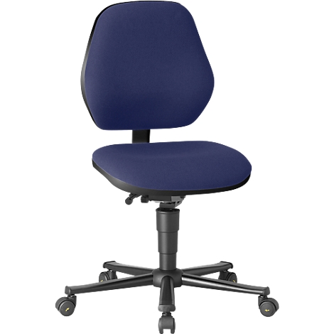 Blue office chair with black frame. Backrest and seat are padded. The chair has wheels.