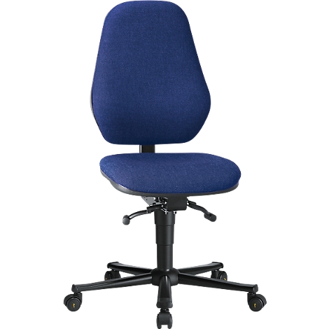 Blue office chair. Curved backrest, seat and backrest made of fabric. Black frame with castors.