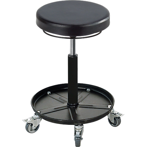 Black workshop stool with rolling base. Round seat, height adjustable. Black storage surface for tools.