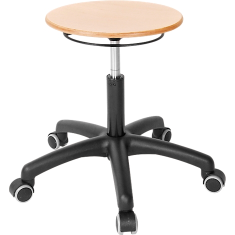 Stool with round seat, wood look. Black frame with castors. Height adjustable.