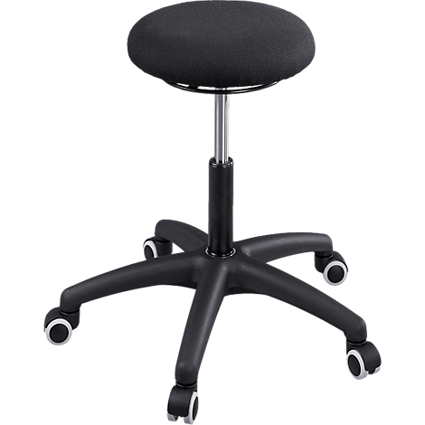 Black stool with wheels. Round seat. Five legs with wheels.