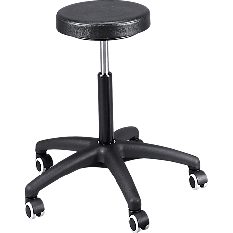 Black work chair with casters. The round seat is padded, below is a height-adjustable column. The base has five arms with white casters.