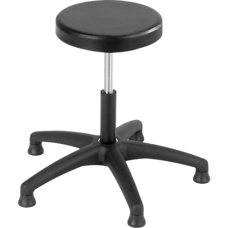 Black swivel stool with round seat, height adjustable on a star-shaped base.