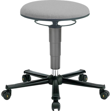 A gray swivel stool with wheels. The seat is round and padded, the frame is made of metal.