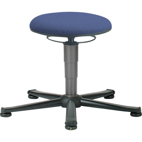 Blue, round seat stool with five-legged black base, adjustable support.