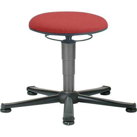 An adjustable stool with a red seat, grey pillar, and black base.