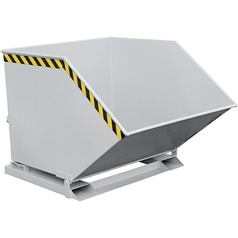 Gray tipping container with angled top. Yellow and black warning stripes on the edge.