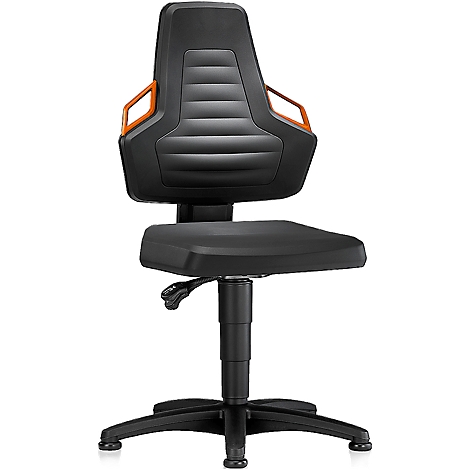 Black office chair with orange armrests, front view.