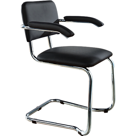 Black cantilever chair with armrests. Chrome frame, seat and backrest made of leather.