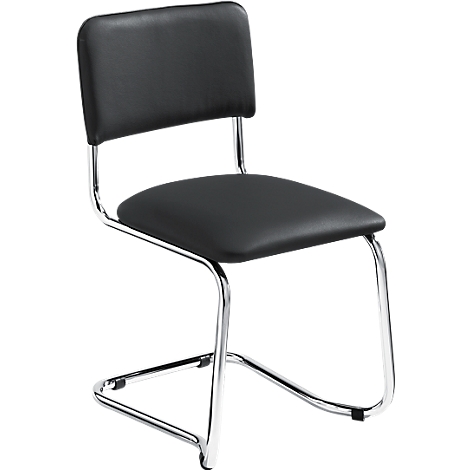Black cantilever chair with chrome frame.