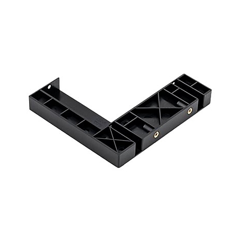 Schwarze, L-förmige Halterung aus Kunststoff. Sie ist mit Schraubenlöchern und Verstrebungen versehen.