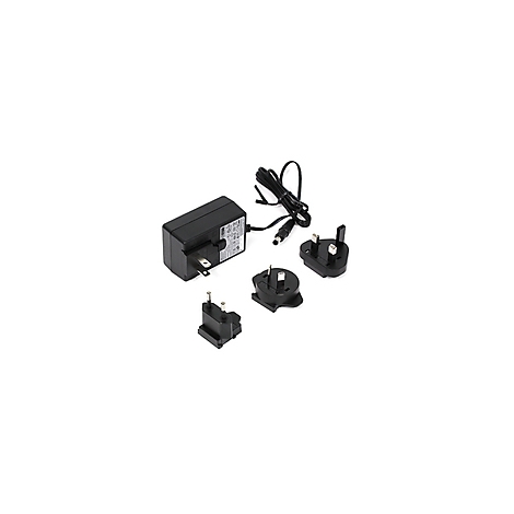 Schwarzes Netzteil mit verschiedenen Steckern auf weißem Hintergrund.